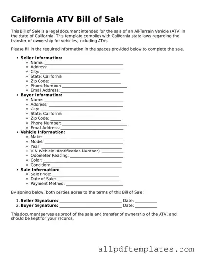 Blank ATV Bill of Sale Document for California State
