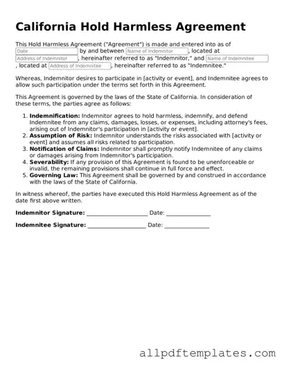Blank Hold Harmless Agreement Document for California State
