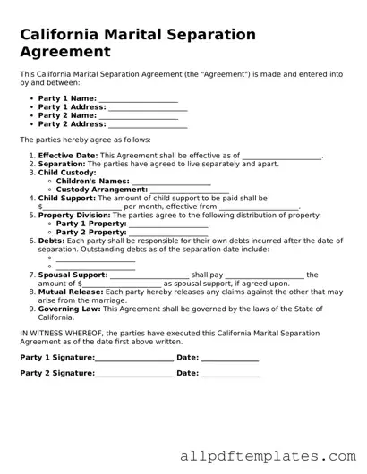 Blank Marital Separation Agreement Document for California State