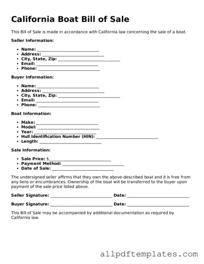 Blank Boat Bill of Sale Document for California State