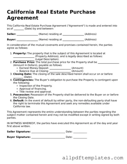 Blank Real Estate Purchase Agreement Document for California State