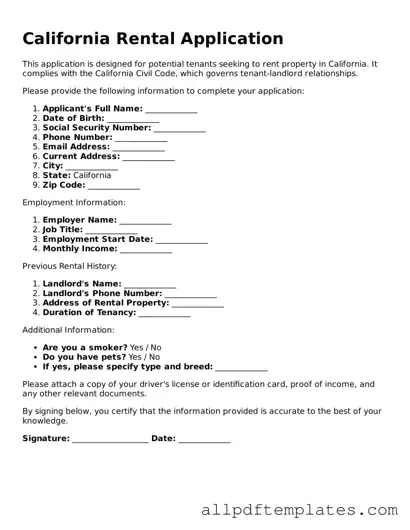 Blank Rental Application Document for California State