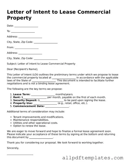 Free Letter of Intent to Lease Commercial Property Template