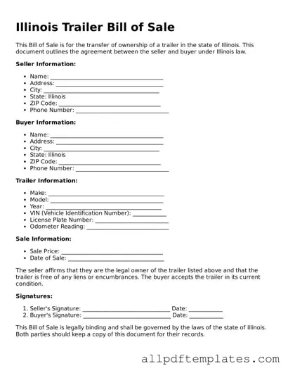 Blank Trailer Bill of Sale Document for Illinois State