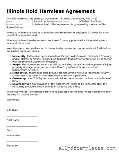 Blank Hold Harmless Agreement Document for Illinois State