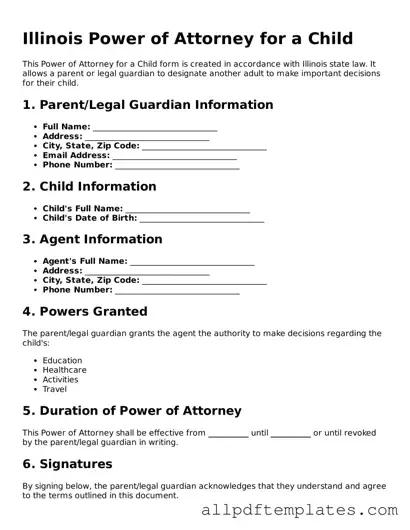Blank Power of Attorney for a Child Document for Illinois State