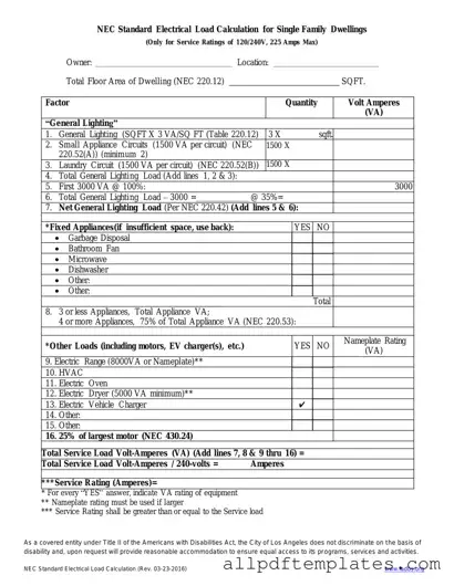 Get LADBS NEC Standard Electrical Load Calculation Form in PDF