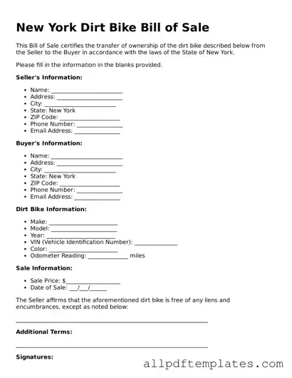 Blank Dirt Bike Bill of Sale Document for New York State