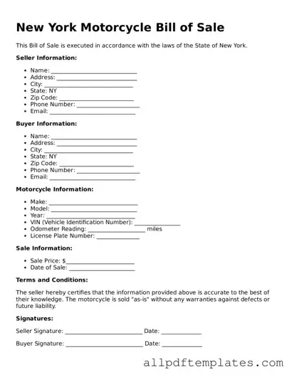 Blank Motorcycle Bill of Sale Document for New York State