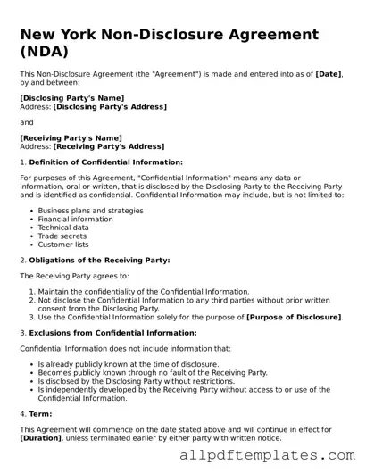 Blank Non-disclosure Agreement Document for New York State
