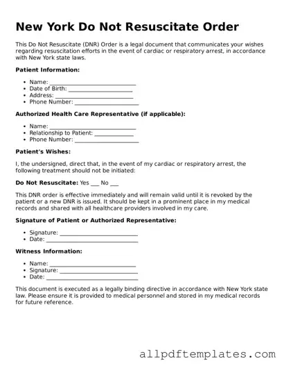 Blank Do Not Resuscitate Order Document for New York State