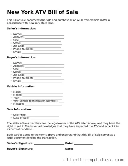 Blank ATV Bill of Sale Document for New York State
