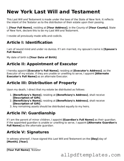 Blank Last Will and Testament Document for New York State