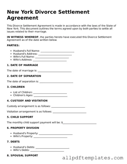 Blank Divorce Settlement Agreement Document for New York State
