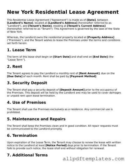 Blank Residential Lease Agreement Document for New York State