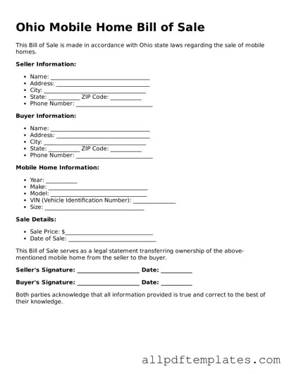 Blank Mobile Home Bill of Sale Document for Ohio State