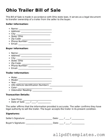 Blank Trailer Bill of Sale Document for Ohio State