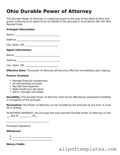 Blank Durable Power of Attorney Document for Ohio State