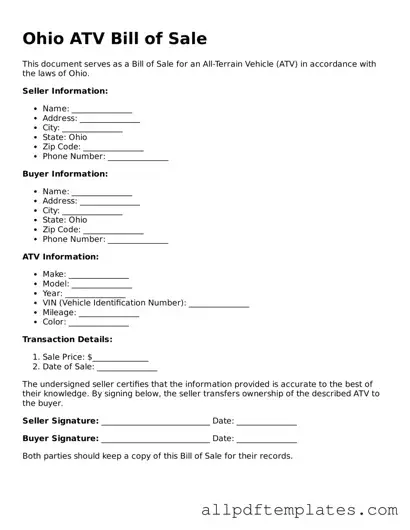Blank ATV Bill of Sale Document for Ohio State