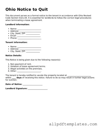 Blank Notice to Quit Document for Ohio State