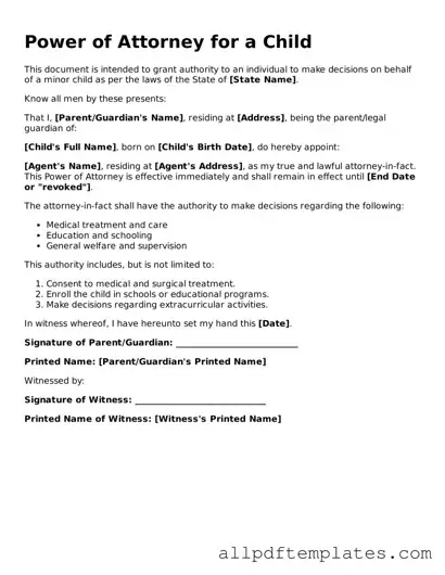Free Power of Attorney for a Child Template