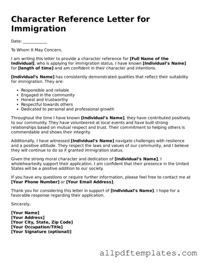Free Character Reference Letter for Immigration Template