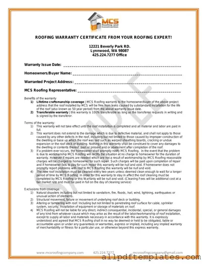Get Roofing Warranty Certificate Form in PDF