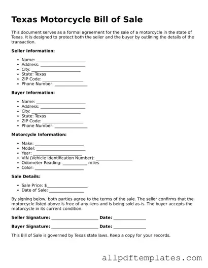 Blank Motorcycle Bill of Sale Document for Texas State