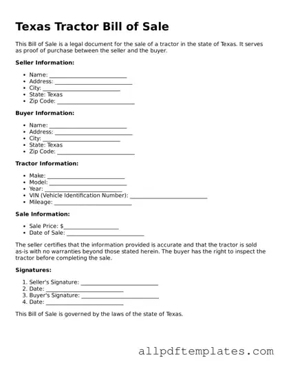 Blank Tractor Bill of Sale Document for Texas State