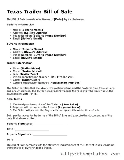 Blank Trailer Bill of Sale Document for Texas State