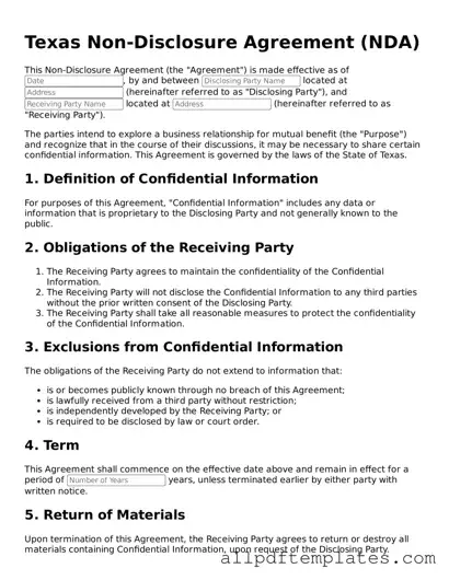Blank Non-disclosure Agreement Document for Texas State
