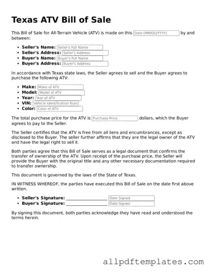 Blank ATV Bill of Sale Document for Texas State