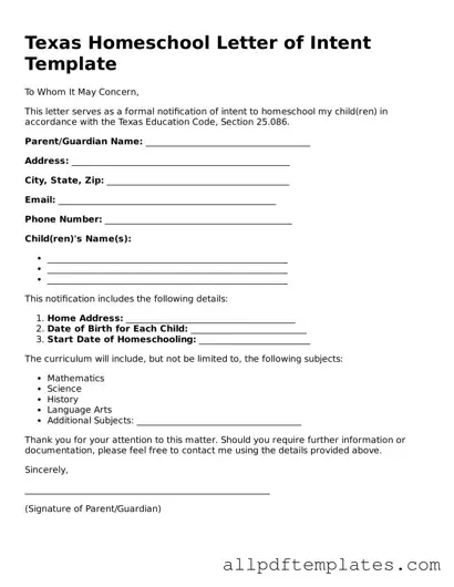 Blank Homeschool Letter of Intent Document for Texas State