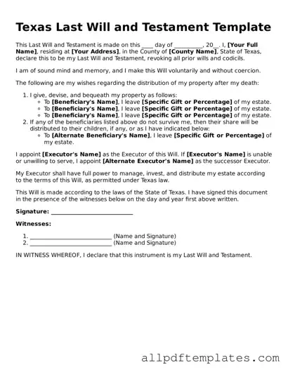 Blank Last Will and Testament Document for Texas State