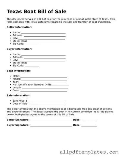 Blank Boat Bill of Sale Document for Texas State