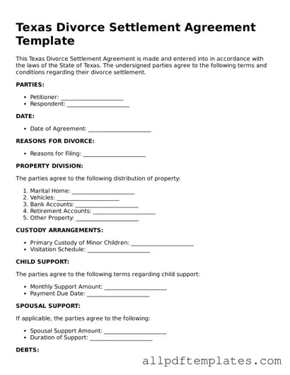 Blank Divorce Settlement Agreement Document for Texas State
