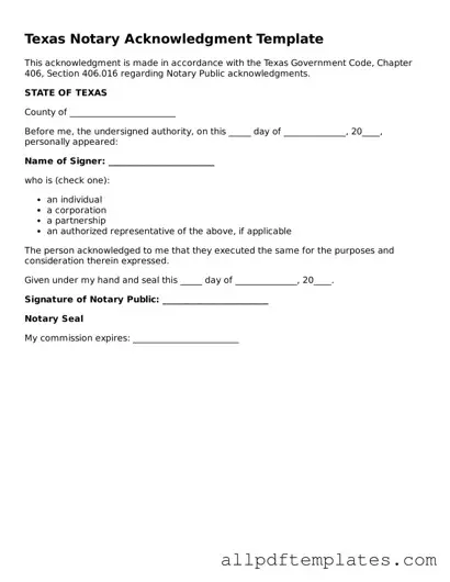 Blank Notary Acknowledgement Document for Texas State