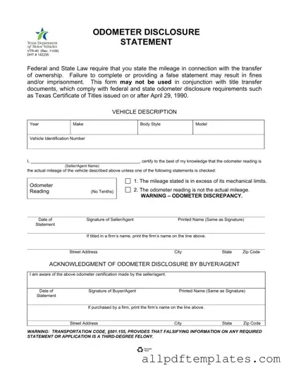 Get Texas Odometer Statement Form in PDF