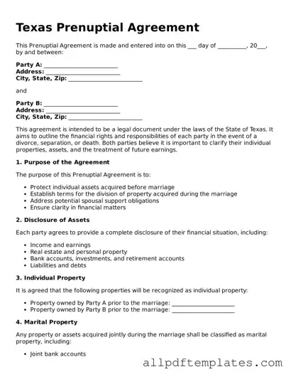 Blank Prenuptial Agreement Document for Texas State