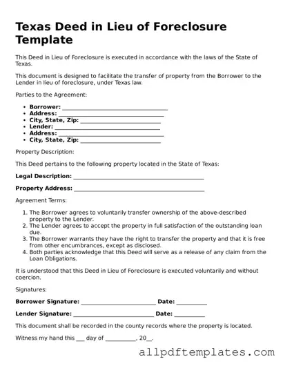 Blank Deed in Lieu of Foreclosure Document for Texas State