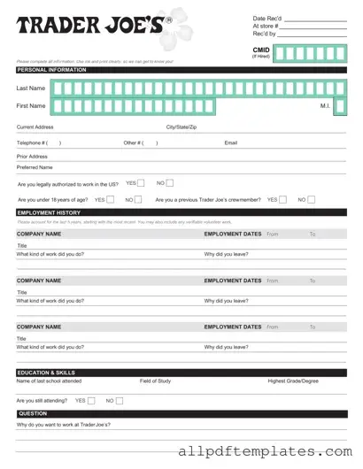 Get Trader Joe's application Form in PDF