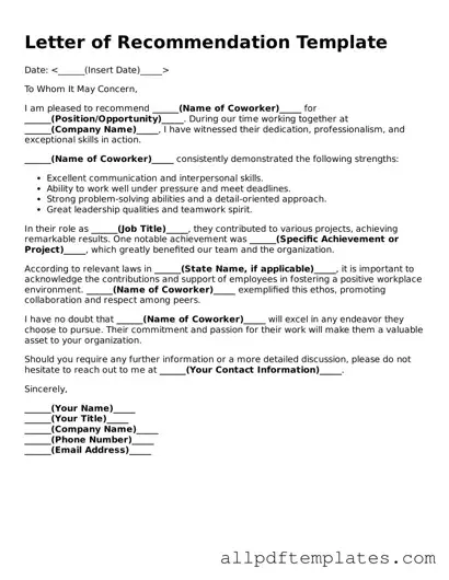 Free Letter of Recommendation for Coworker Template