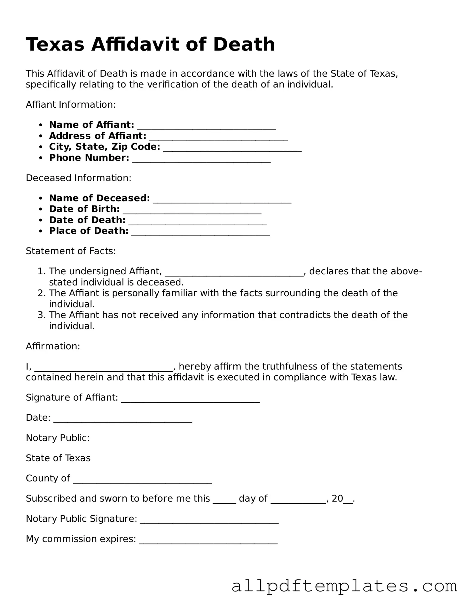 Blank Affidavit of Death Document for Texas State
