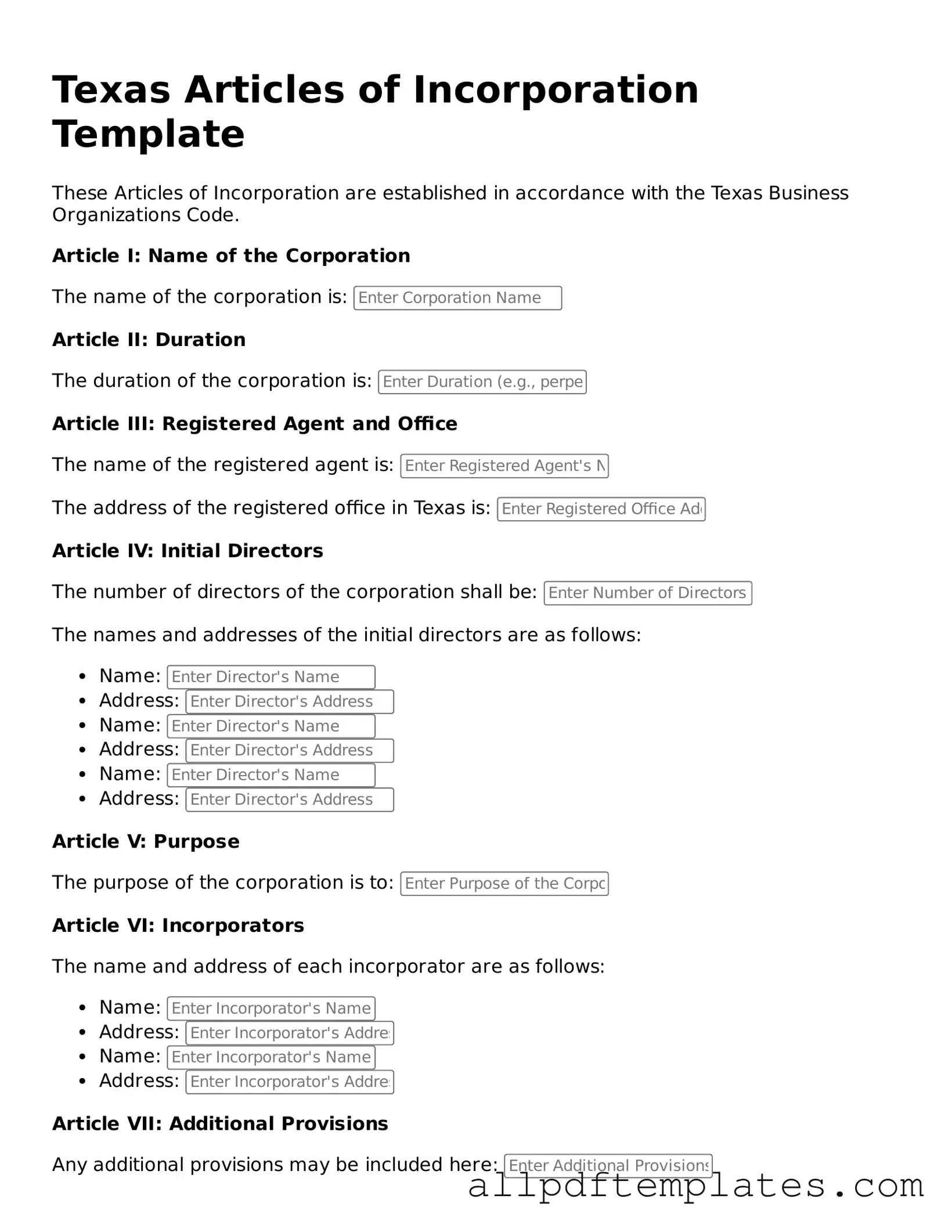 Blank Articles of Incorporation Document for Texas State