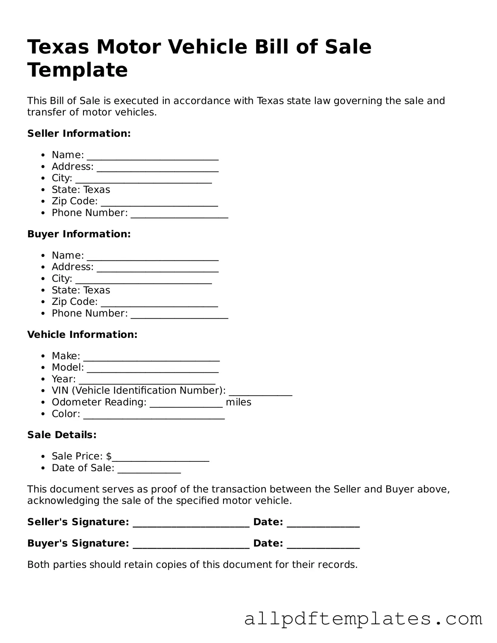 Blank Motor Vehicle Bill of Sale Document for Texas State