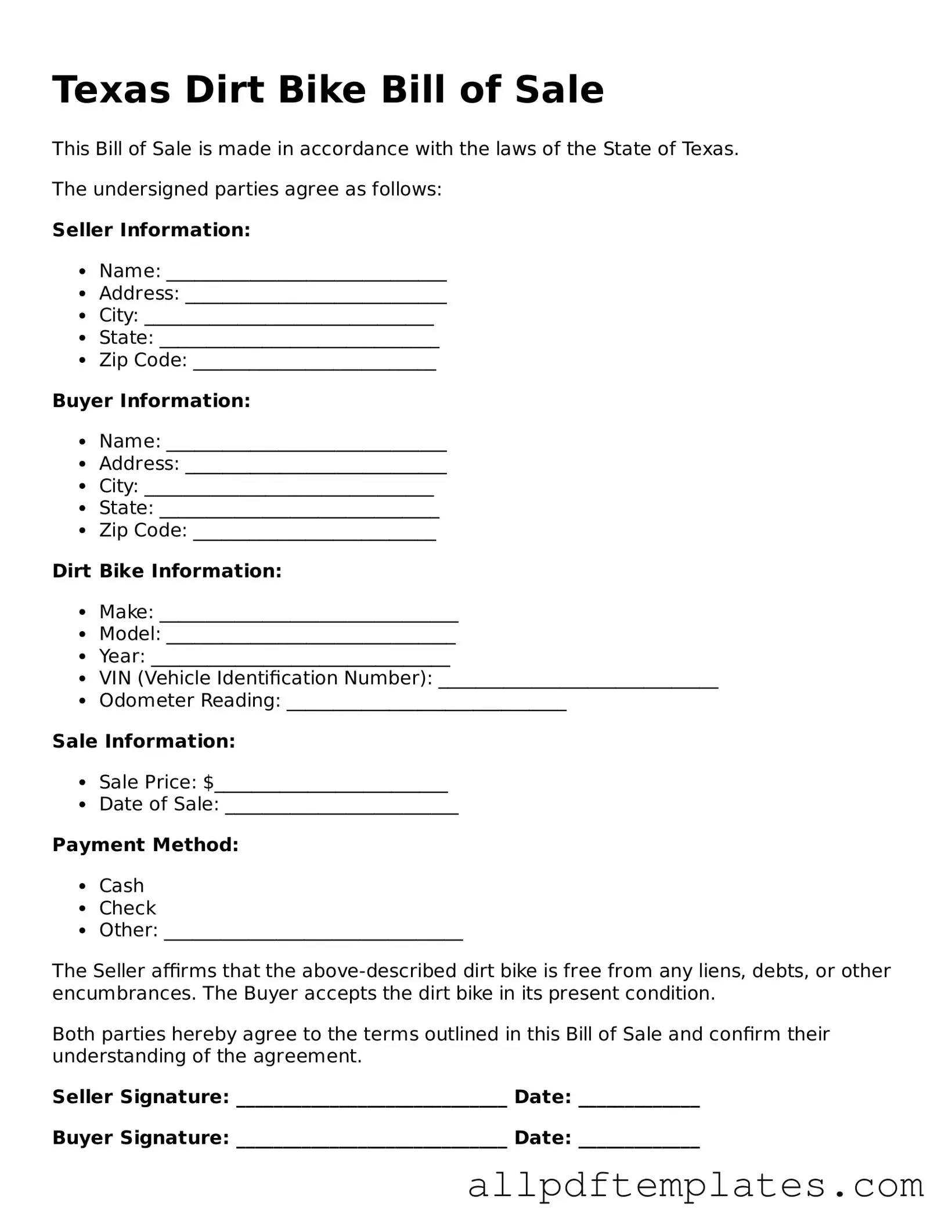 Blank Dirt Bike Bill of Sale Document for Texas State