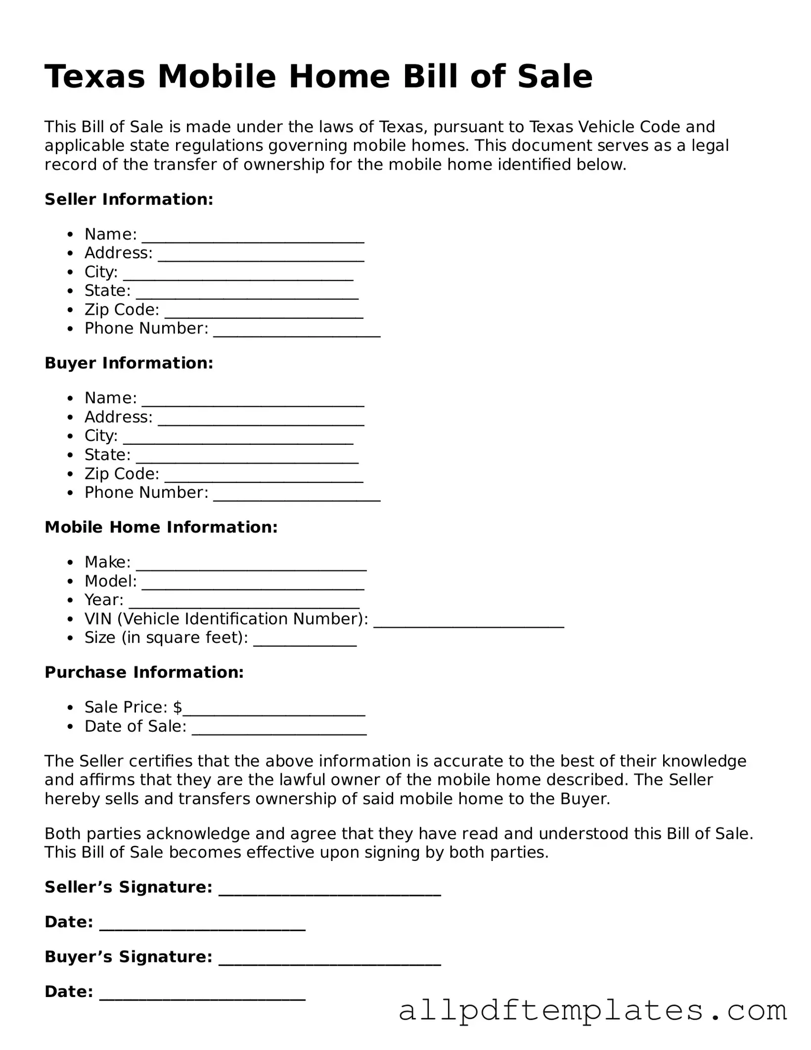 Blank Mobile Home Bill of Sale Document for Texas State