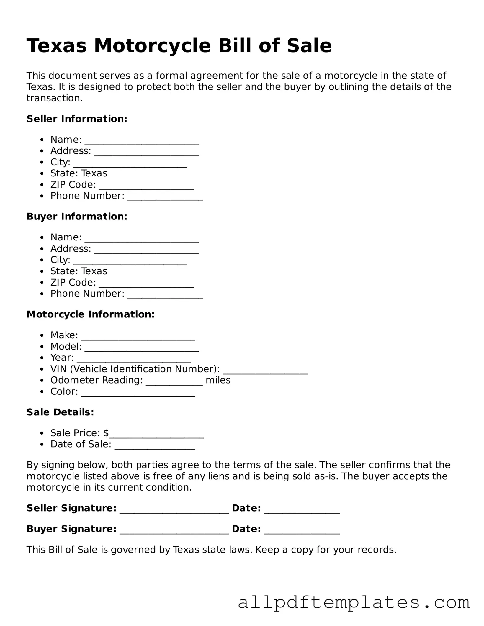 Blank Motorcycle Bill of Sale Document for Texas State
