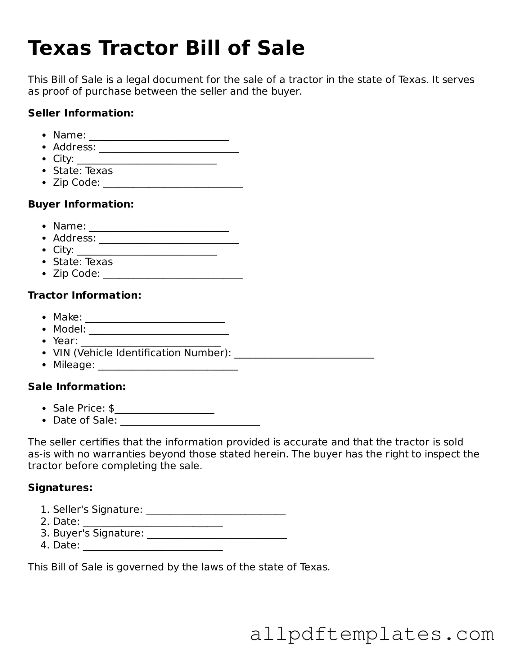Blank Tractor Bill of Sale Document for Texas State