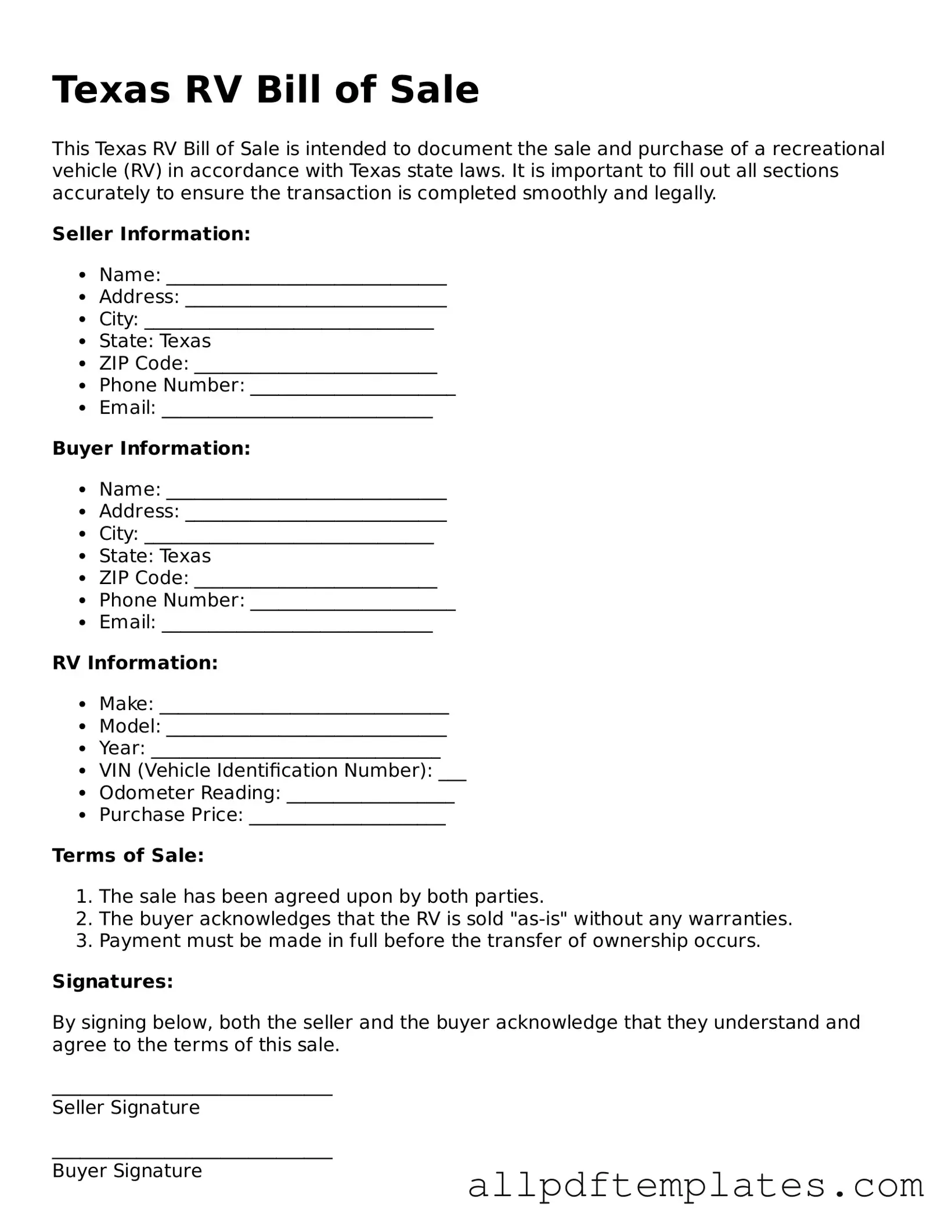 Blank RV Bill of Sale Document for Texas State